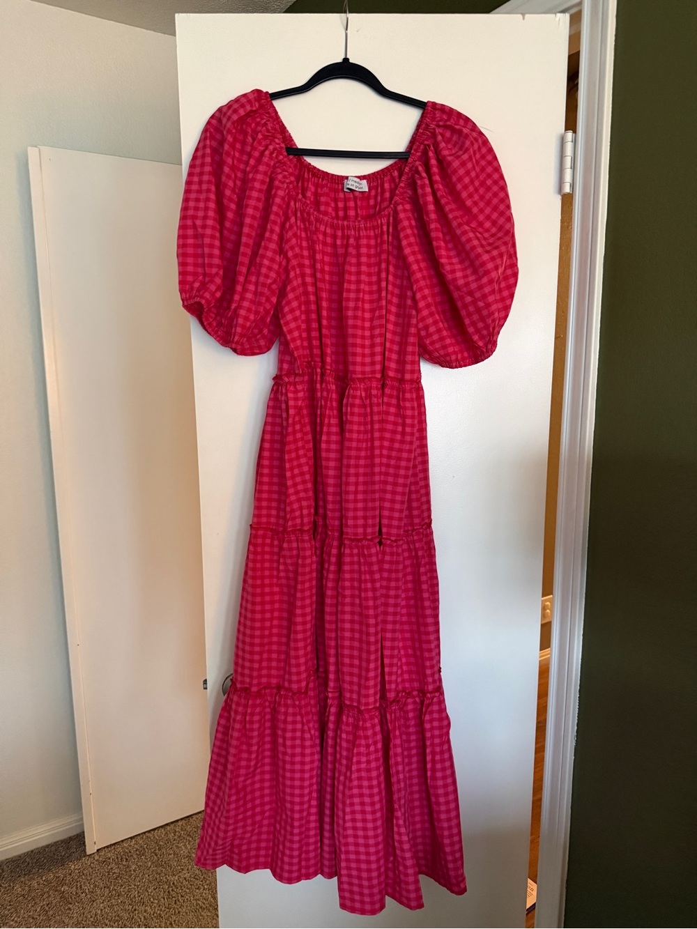 Pink Gingham Puff-Sleeve Tiered Maxi Dress
